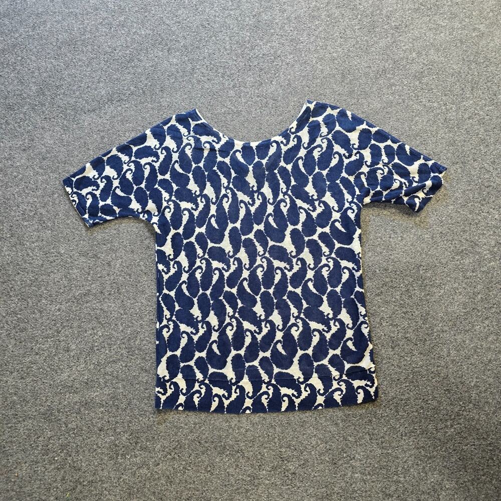 Talbots Top Womens Size Small Blue White Paisley Linen Blend Short Sleeve Knit